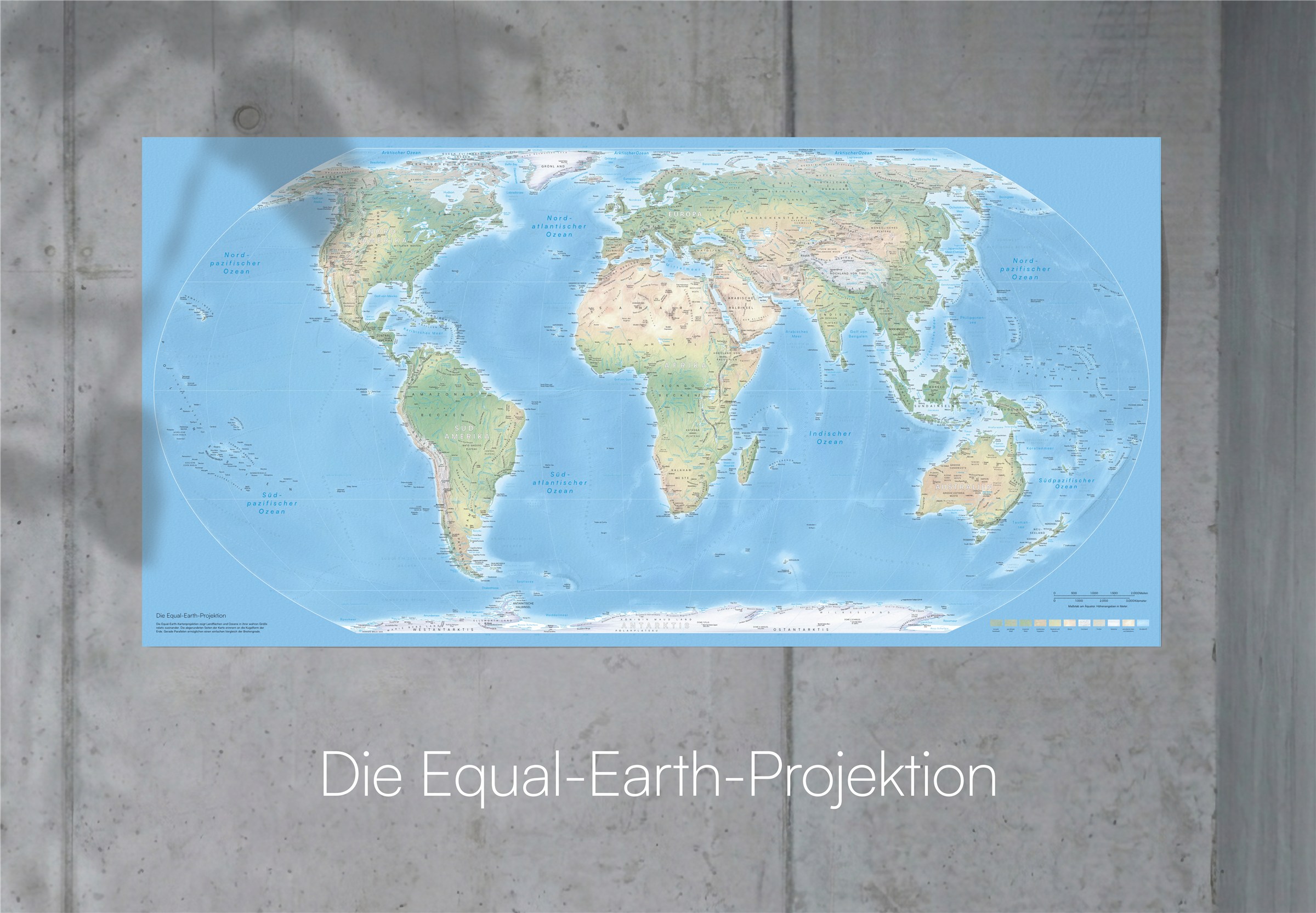 Equal Earth Weltkarte im Raum